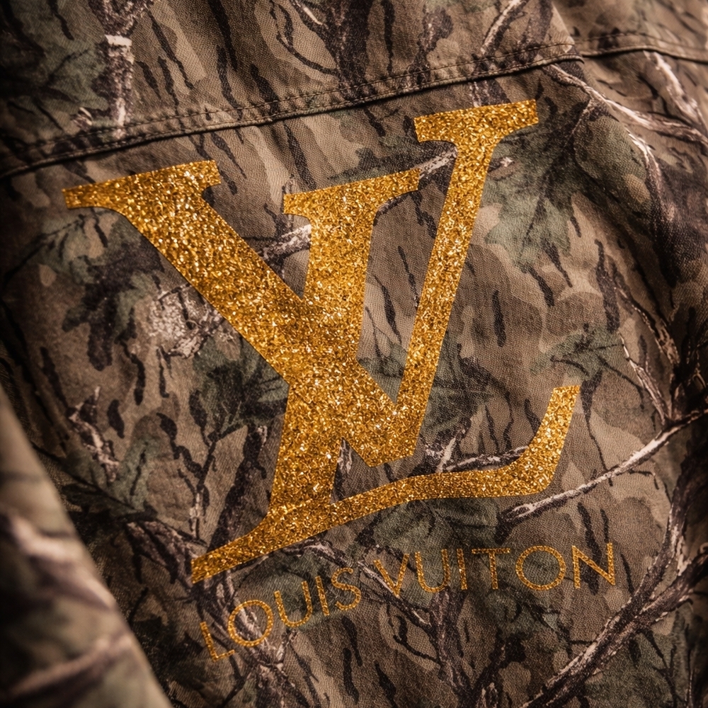 Upcycle.. Repurposed  Gold Glitter LV on Camouflage Quilted Jacket - Picture 3 of 5